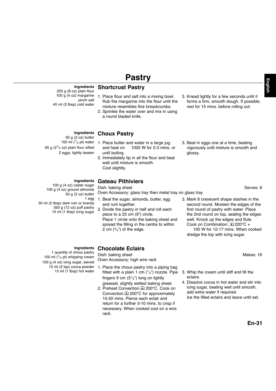 Pastry, En-31, Shortcrust pastry | Choux pastry, Gateau pithiviers, Chocolate eclairs | Panasonic NNA734MBEPG User Manual | Page 32 / 276