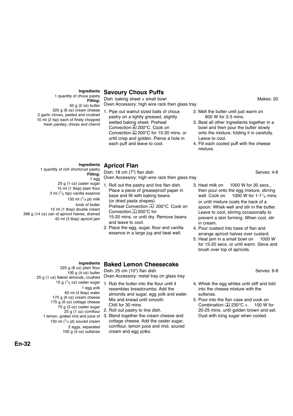 En-32, Savoury choux puffs, Apricot flan | Baked lemon cheesecake | Panasonic NNA734MBEPG User Manual | Page 33 / 276