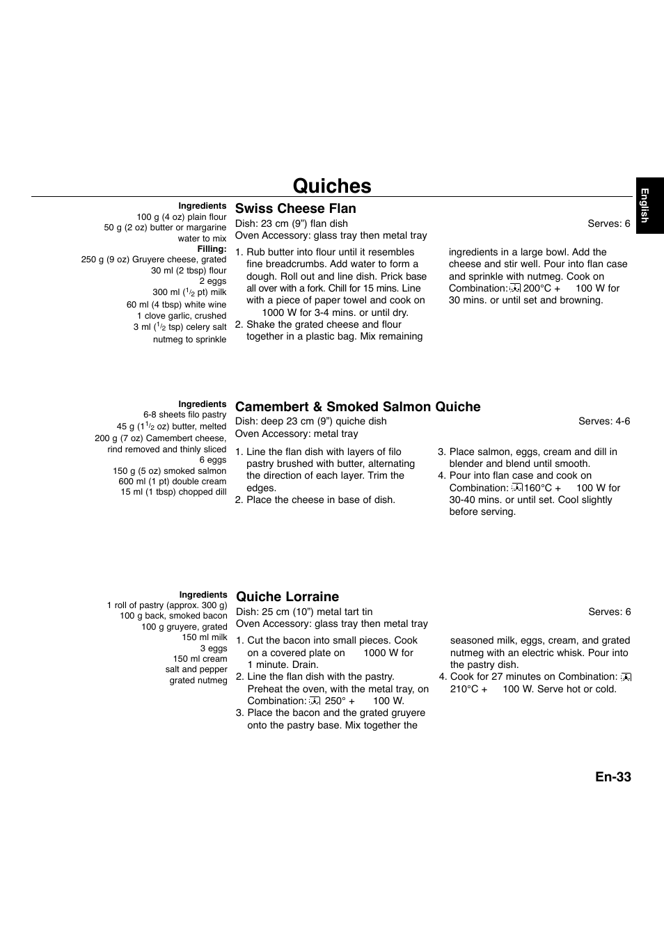 Quiches, En-33, Swiss cheese flan | Quiche lorraine, Camembert & smoked salmon quiche | Panasonic NNA734MBEPG User Manual | Page 34 / 276