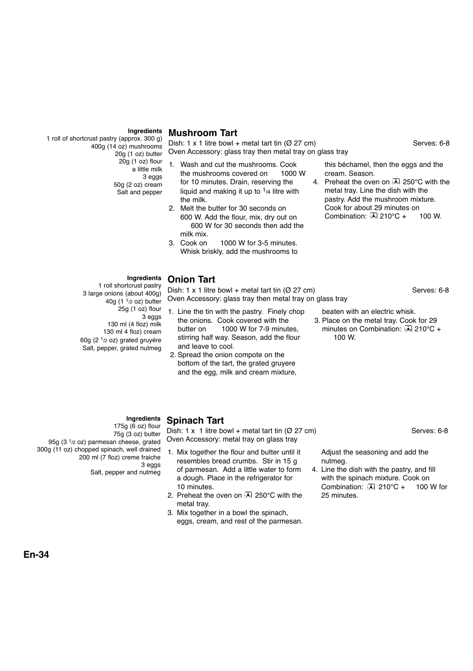 En-34, Mushroom tart, Onion tart | Spinach tart | Panasonic NNA734MBEPG User Manual | Page 35 / 276