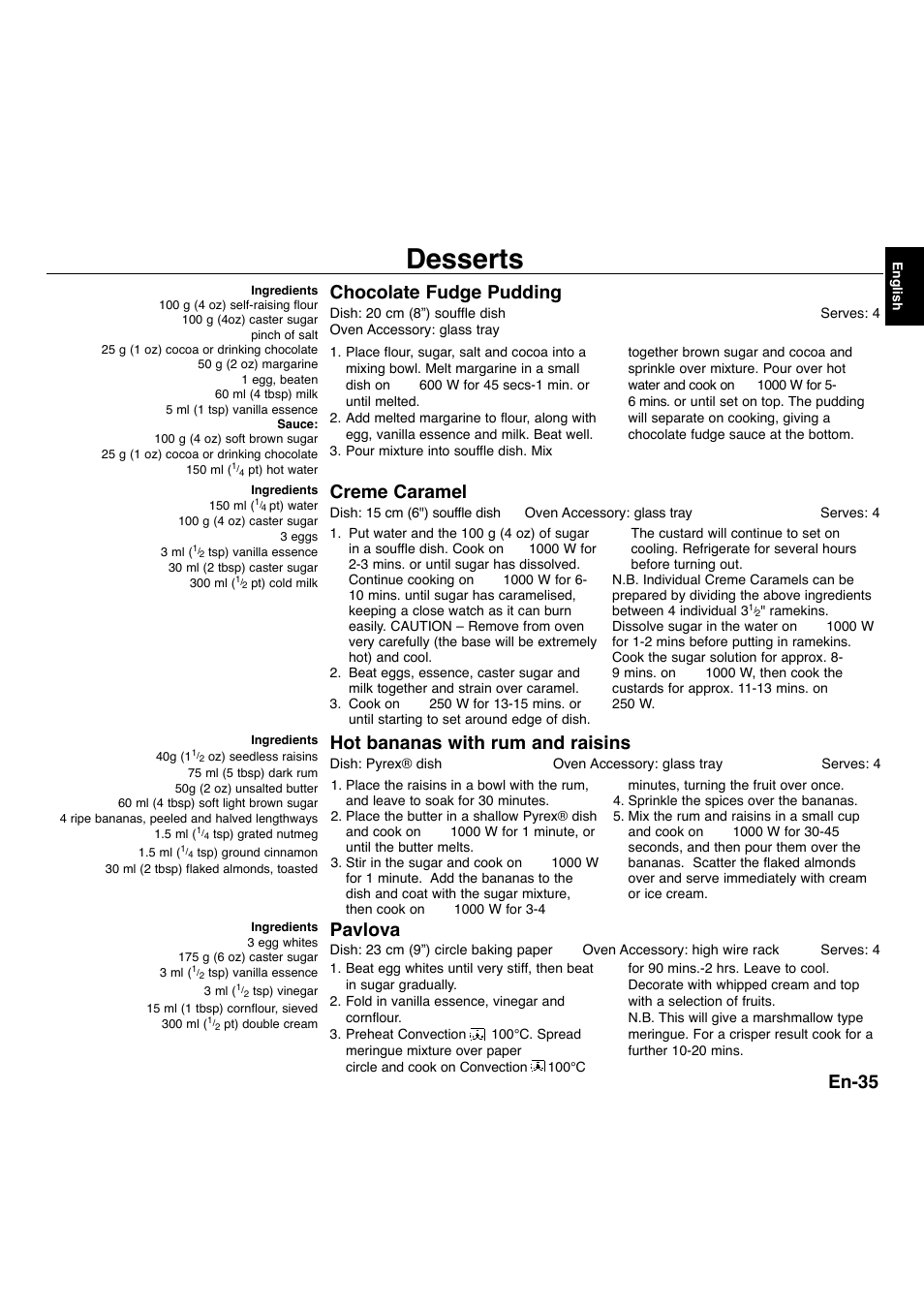 Desserts, En-35, Chocolate fudge pudding | Hot bananas with rum and raisins, Pavlova, Creme caramel | Panasonic NNA734MBEPG User Manual | Page 36 / 276