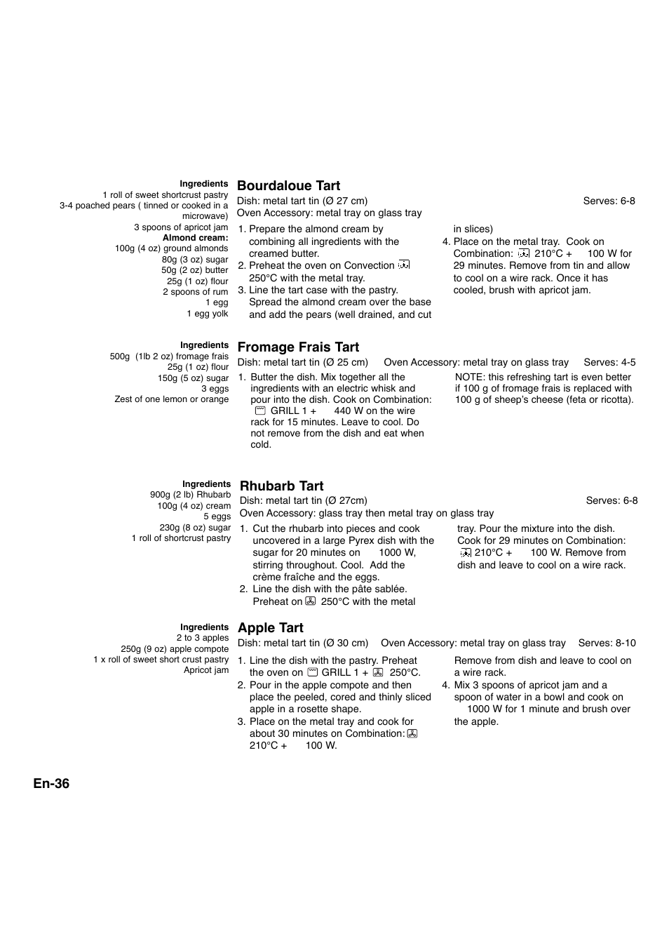 En-36, Bourdaloue tart, Rhubarb tart | Apple tart, Fromage frais tart | Panasonic NNA734MBEPG User Manual | Page 37 / 276