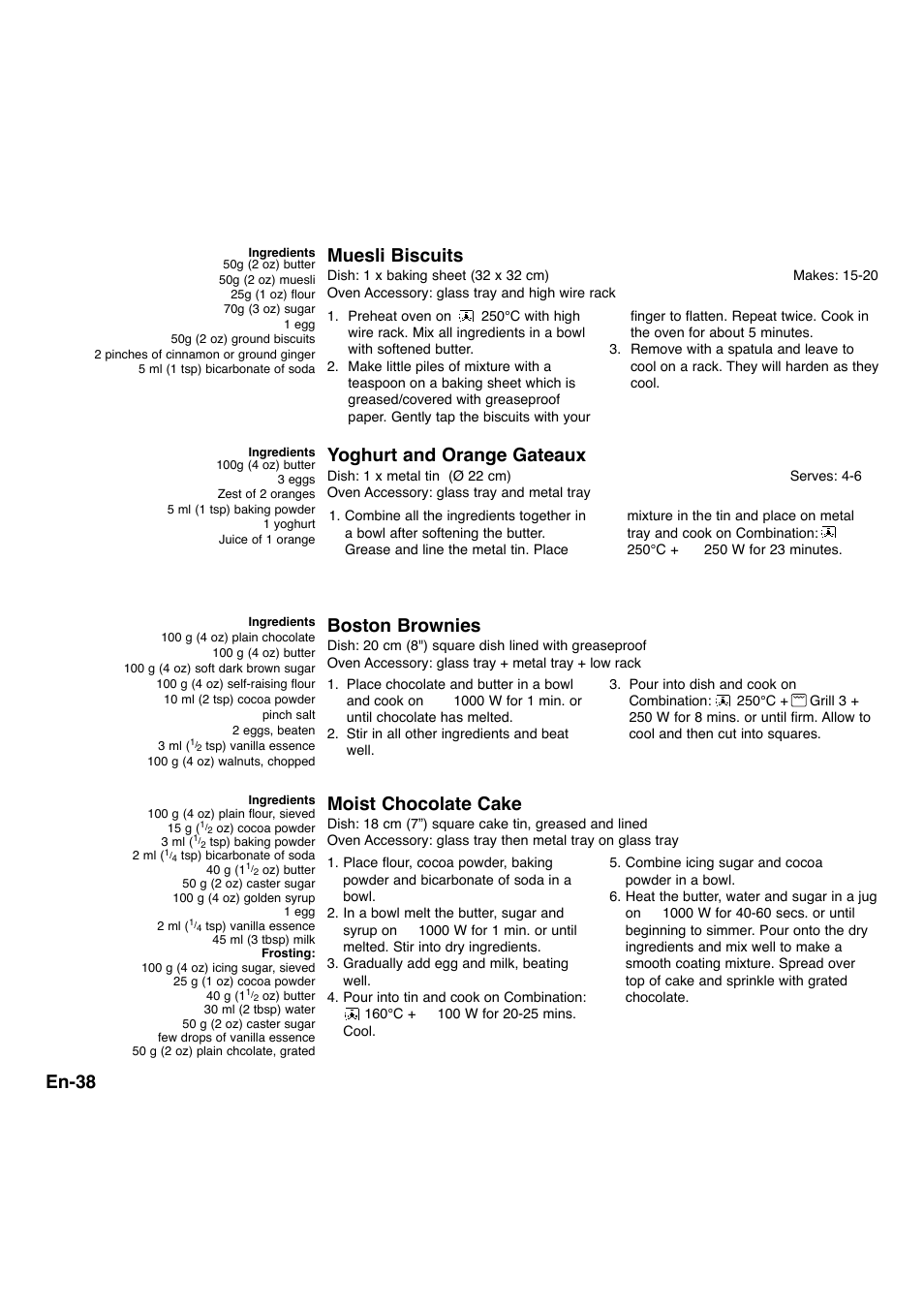 En-38, Muesli biscuits, Yoghurt and orange gateaux | Moist chocolate cake, Boston brownies | Panasonic NNA734MBEPG User Manual | Page 39 / 276