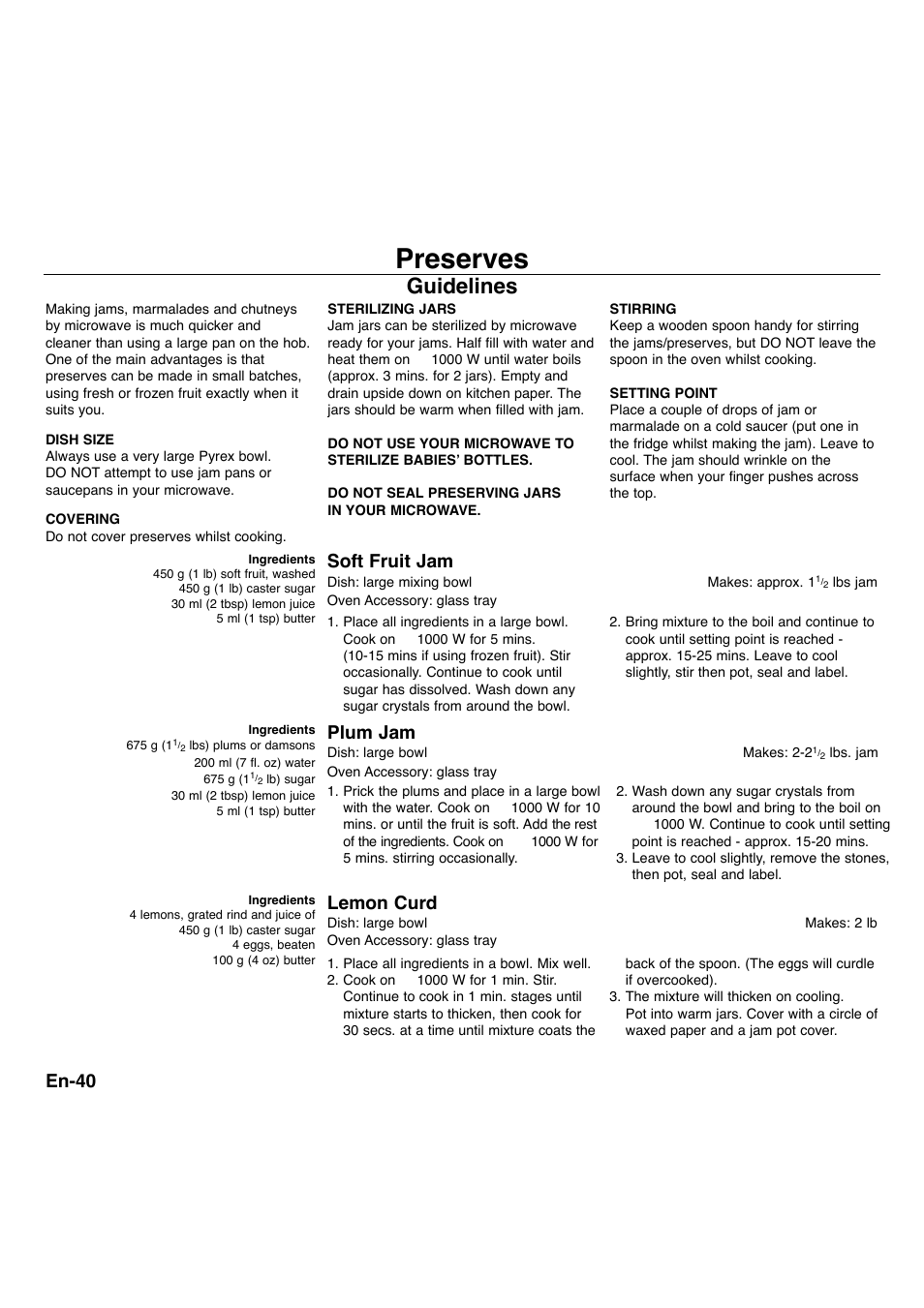 Preserves, Guidelines, En-40 | Lemon curd, Plum jam, Soft fruit jam | Panasonic NNA734MBEPG User Manual | Page 41 / 276
