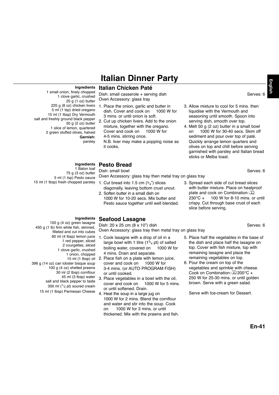 Italian dinner party, En-41, Italian chicken paté | Pesto bread, Seafood lasagne | Panasonic NNA734MBEPG User Manual | Page 42 / 276