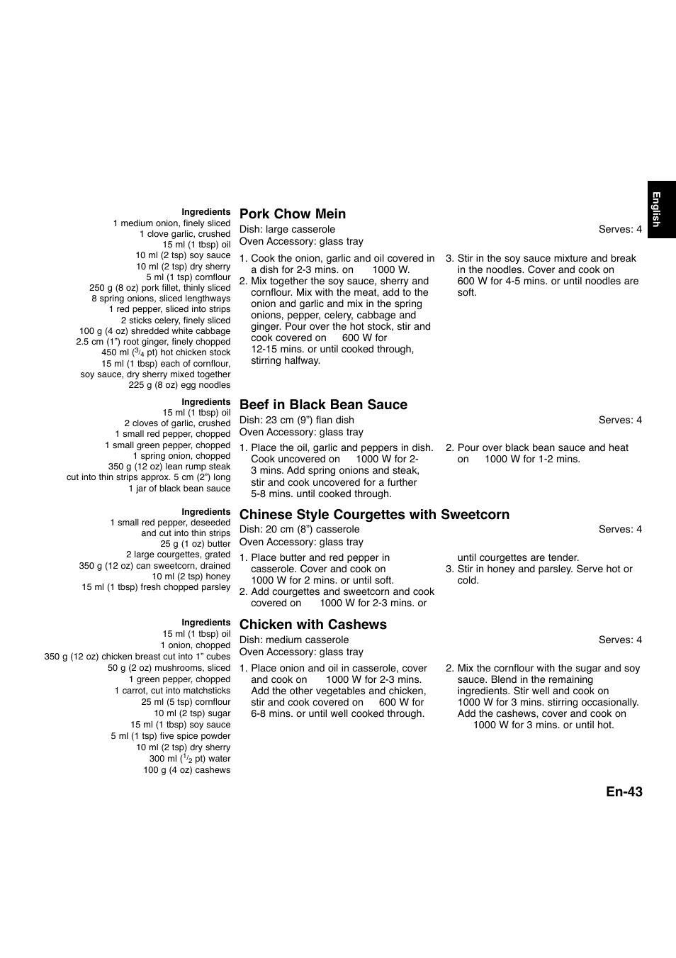 En-43, Pork chow mein, Chicken with cashews | Beef in black bean sauce, Chinese style courgettes with sweetcorn | Panasonic NNA734MBEPG User Manual | Page 44 / 276