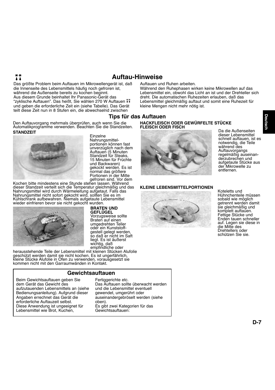 Auftau-hinweise, Tips für das auftauen, Gewichtsauftauen | Panasonic NNA734MBEPG User Manual | Page 52 / 276