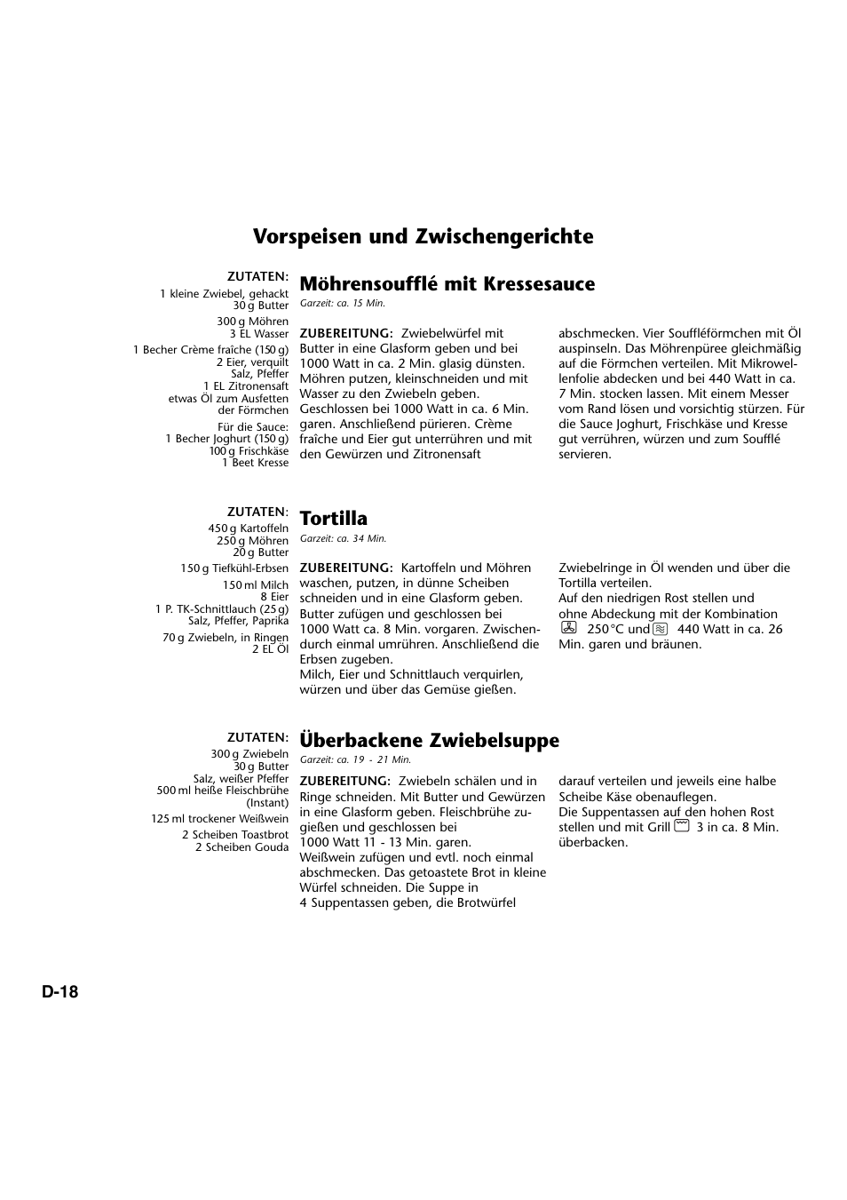 Vorspeisen und zwischengerichte, Möhrensoufflé mit kressesauce, Tortilla | Überbackene zwiebelsuppe, D-18 | Panasonic NNA734MBEPG User Manual | Page 63 / 276