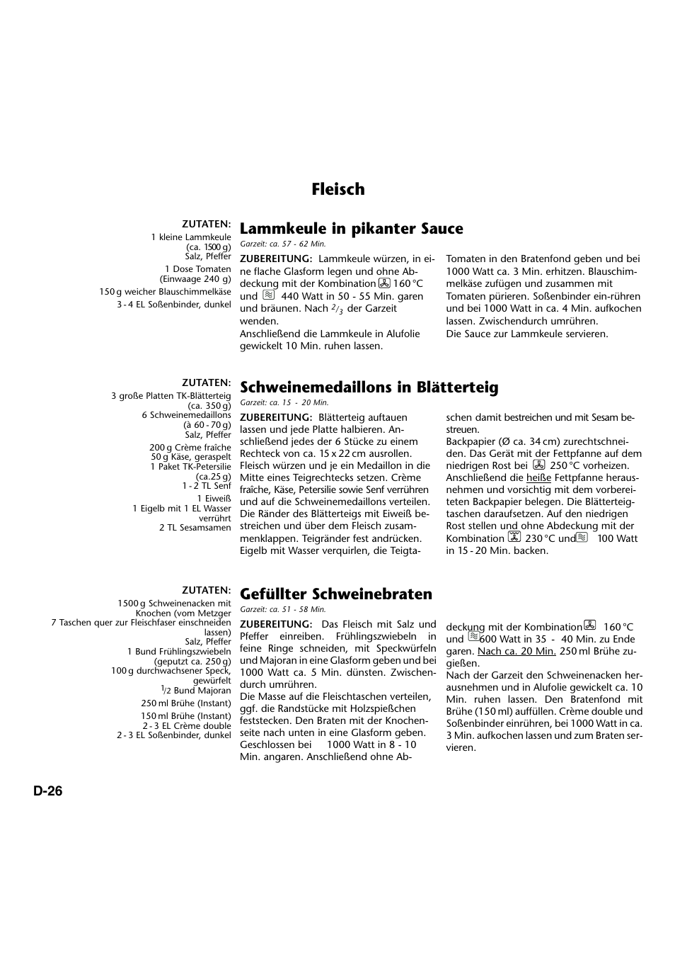 Fleisch, Lammkeule in pikanter sauce, Schweinemedaillons in blätterteig | Gefüllter schweinebraten, D-26 | Panasonic NNA734MBEPG User Manual | Page 71 / 276