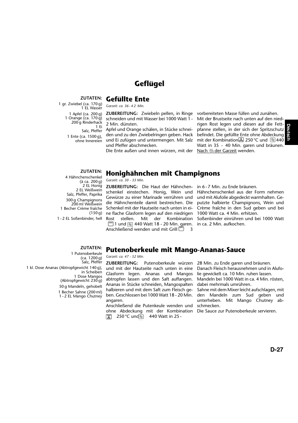 Geflügel, Gefüllte ente, Honighähnchen mit champignons | Putenoberkeule mit mango-ananas-sauce, D-27 | Panasonic NNA734MBEPG User Manual | Page 72 / 276