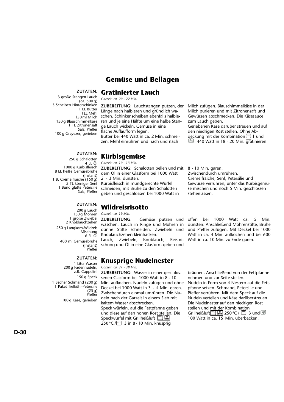 Gemüse und beilagen, Gratinierter lauch, Kürbisgemüse | Wildreisrisotto, Knusprige nudelnester, D-30 | Panasonic NNA734MBEPG User Manual | Page 75 / 276