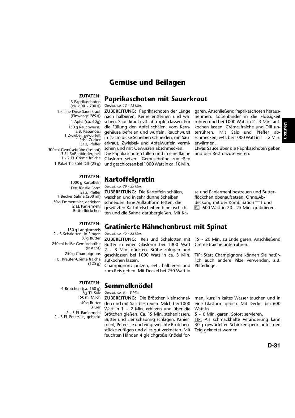 Gemüse und beilagen, Paprikaschoten mit sauerkraut, Kartoffelgratin | Gratinierte hähnchenbrust mit spinat, Semmelknödel, D-31 | Panasonic NNA734MBEPG User Manual | Page 76 / 276