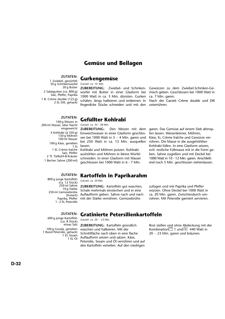 Gemüse und beilagen, Gurkengemüse, Gefüllter kohlrabi | Kartoffeln in paprikarahm, Gratinierte petersilienkartoffeln, D-32 | Panasonic NNA734MBEPG User Manual | Page 77 / 276