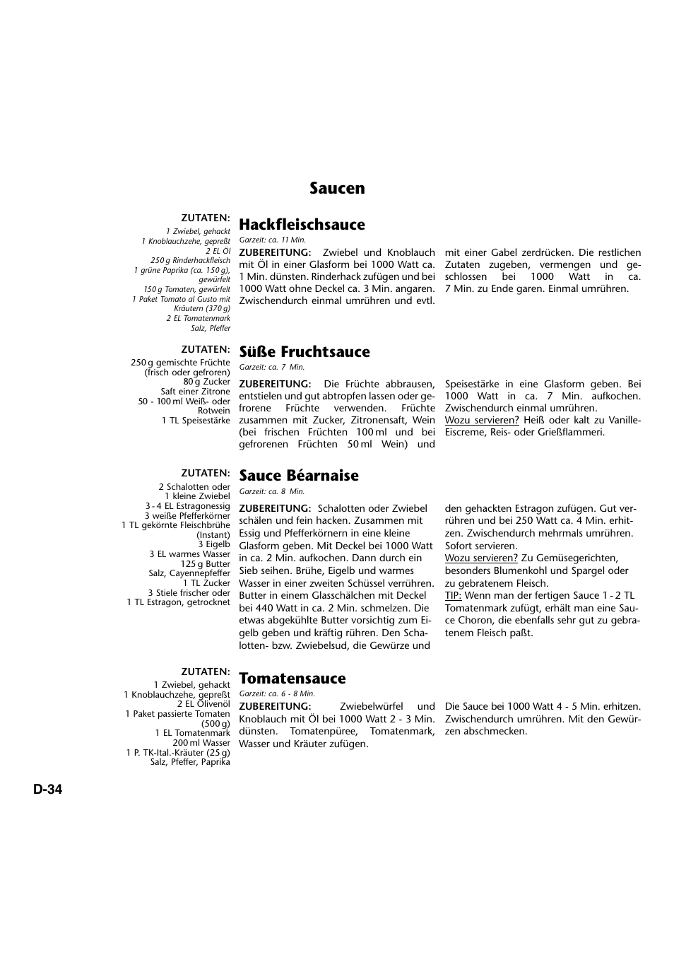 Saucen, Hackfleischsauce, Süße fruchtsauce | Sauce béarnaise, Tomatensauce, D-34 | Panasonic NNA734MBEPG User Manual | Page 79 / 276