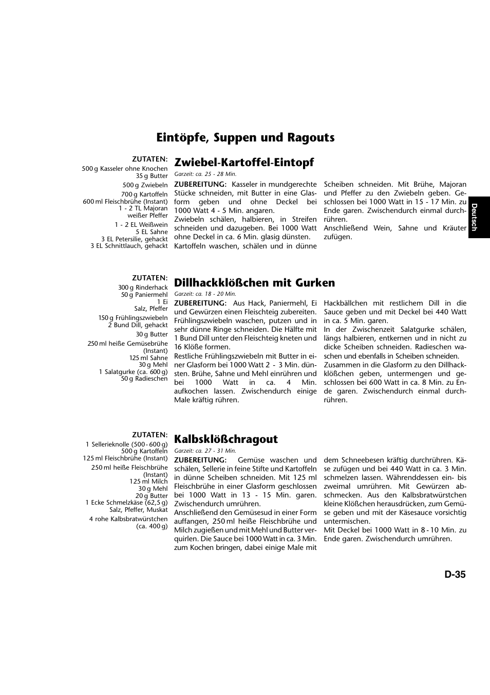 Eintöpfe, suppen und ragouts, Zwiebel-kartoffel-eintopf, Dillhackklößchen mit gurken | Kalbsklößchragout, D-35 | Panasonic NNA734MBEPG User Manual | Page 80 / 276