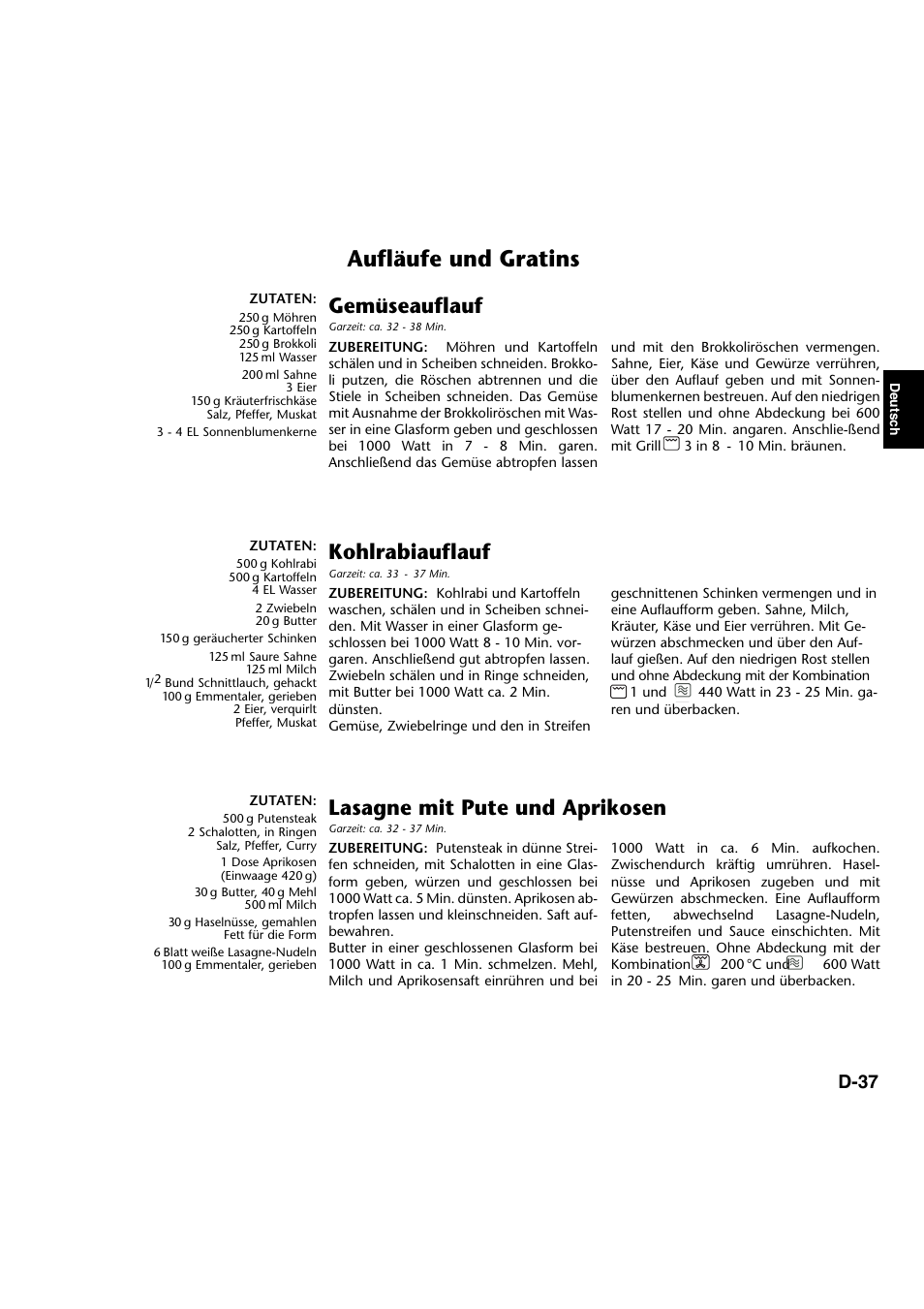 Aufläufe und gratins, Gemüseauflauf, Kohlrabiauflauf | Lasagne mit pute und aprikosen, D-37 | Panasonic NNA734MBEPG User Manual | Page 82 / 276