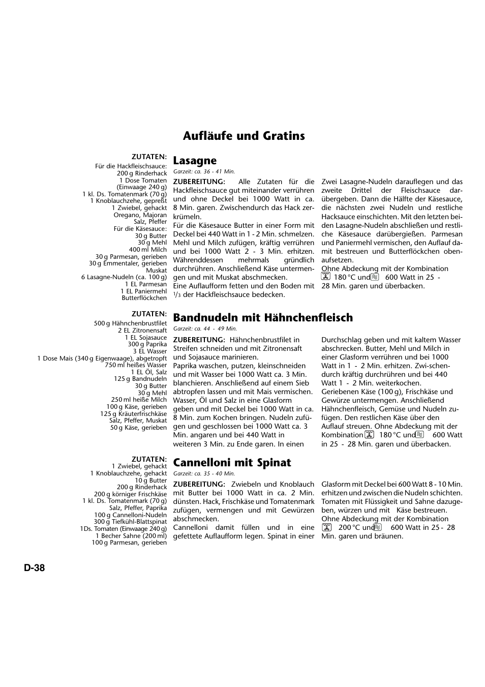 Aufläufe und gratins, Lasagne, Bandnudeln mit hähnchenfleisch | Cannelloni mit spinat, D-38 | Panasonic NNA734MBEPG User Manual | Page 83 / 276