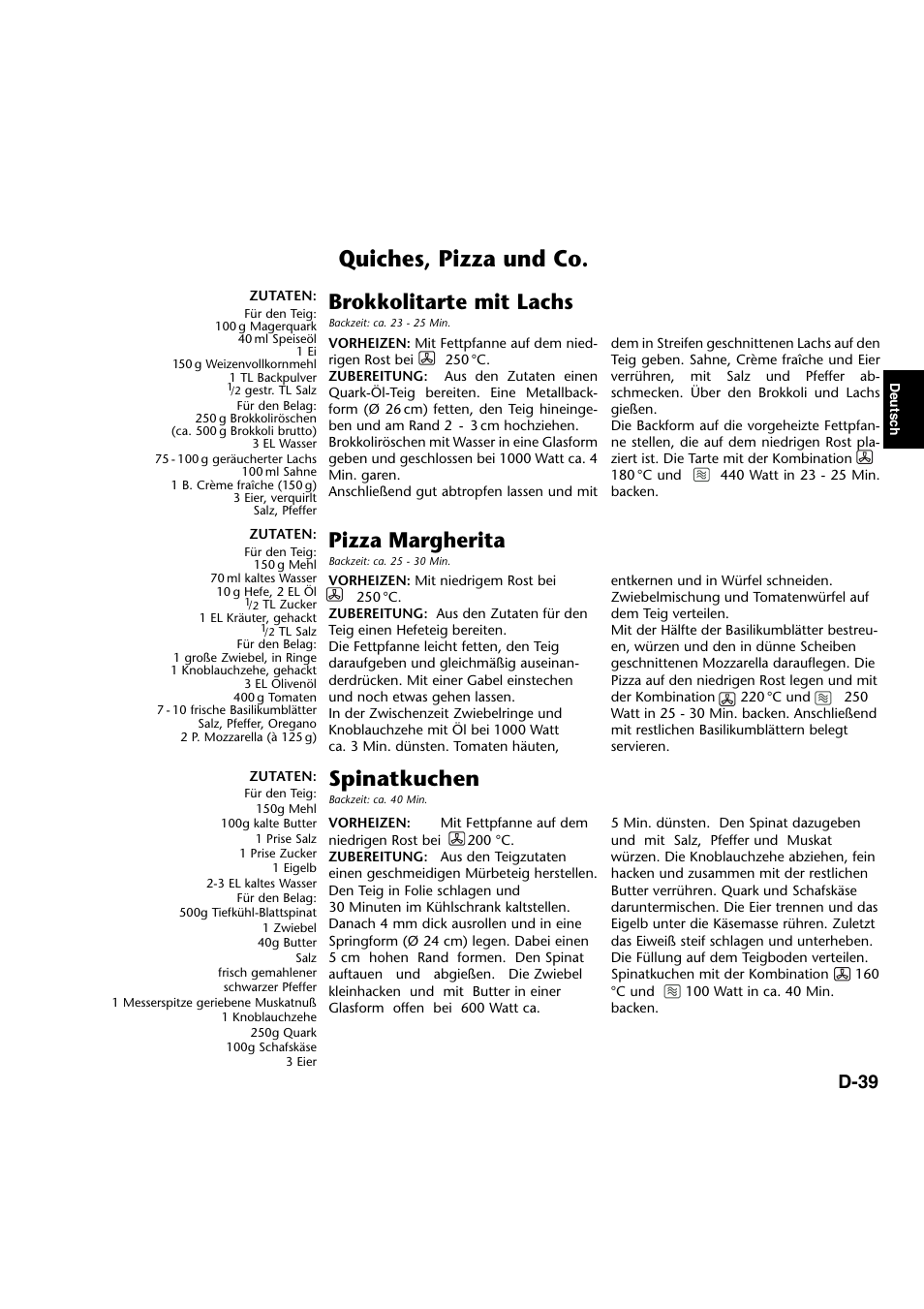 Quiches, pizza und co, Brokkolitarte mit lachs, Pizza margherita | Spinatkuchen, D-39 | Panasonic NNA734MBEPG User Manual | Page 84 / 276