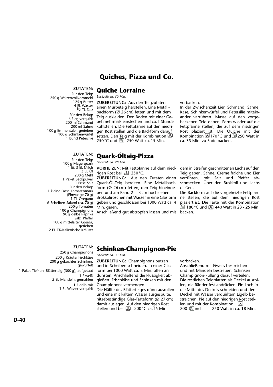 Quiches, pizza und co, Quark-ölteig-pizza, Quiche lorraine | Schinken-champignon-pie, D-40 | Panasonic NNA734MBEPG User Manual | Page 85 / 276