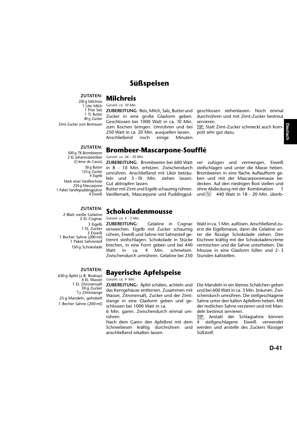 Süßspeisen, Milchreis, Brombeer-mascarpone-soufflé | Schokoladenmousse, Bayerische apfelspeise, D-41 | Panasonic NNA734MBEPG User Manual | Page 86 / 276