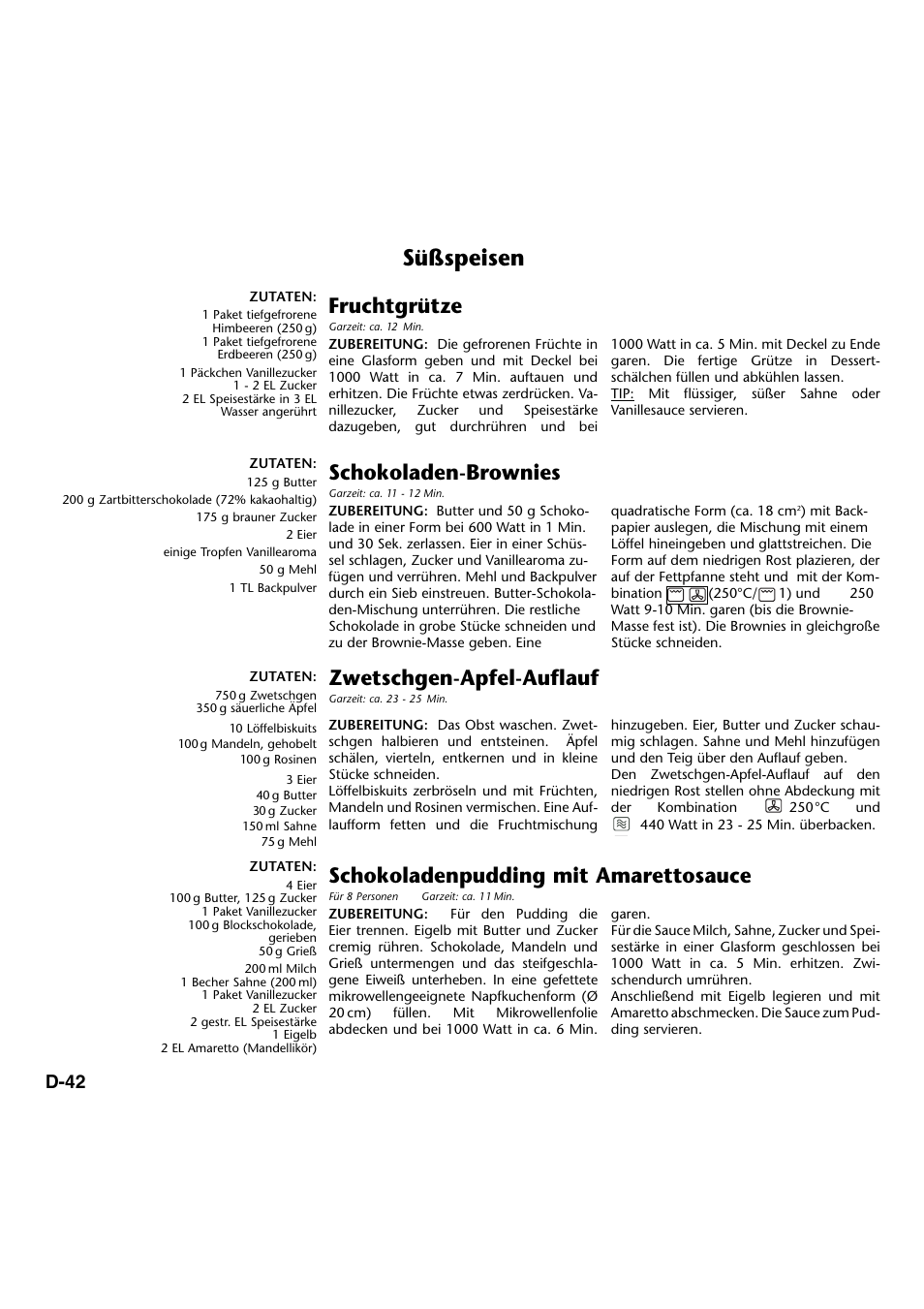 Süßspeisen, Fruchtgrütze, Zwetschgen-apfel-auflauf | Schokoladen-brownies, Schokoladenpudding mit amarettosauce, D-42 | Panasonic NNA734MBEPG User Manual | Page 87 / 276