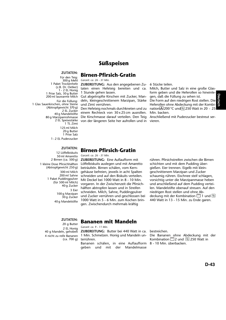 Süßspeisen, Birnen-pfirsich-gratin, Bananen mit mandeln | D-43 | Panasonic NNA734MBEPG User Manual | Page 88 / 276