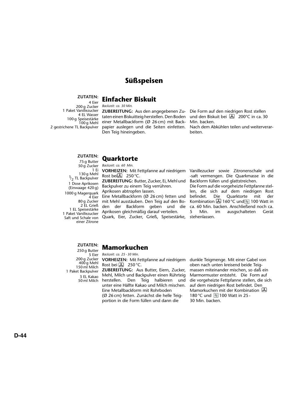 Süßspeisen, Einfacher biskuit, Quarktorte | Mamorkuchen, D-44 | Panasonic NNA734MBEPG User Manual | Page 89 / 276