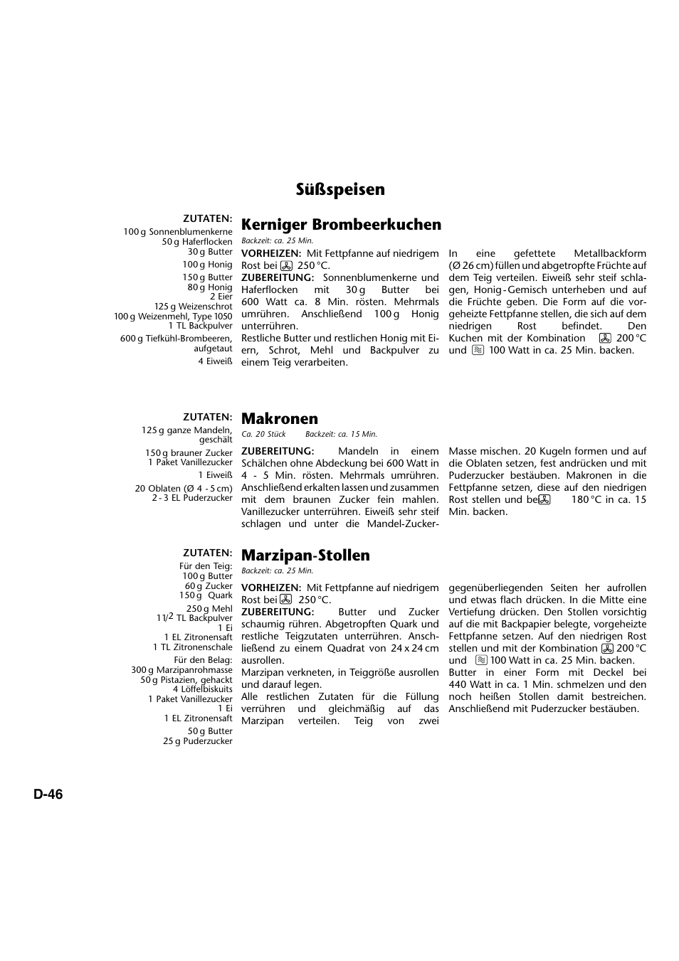 Süßspeisen, Kerniger brombeerkuchen, Makronen | Marzipan-stollen, D-46 | Panasonic NNA734MBEPG User Manual | Page 91 / 276