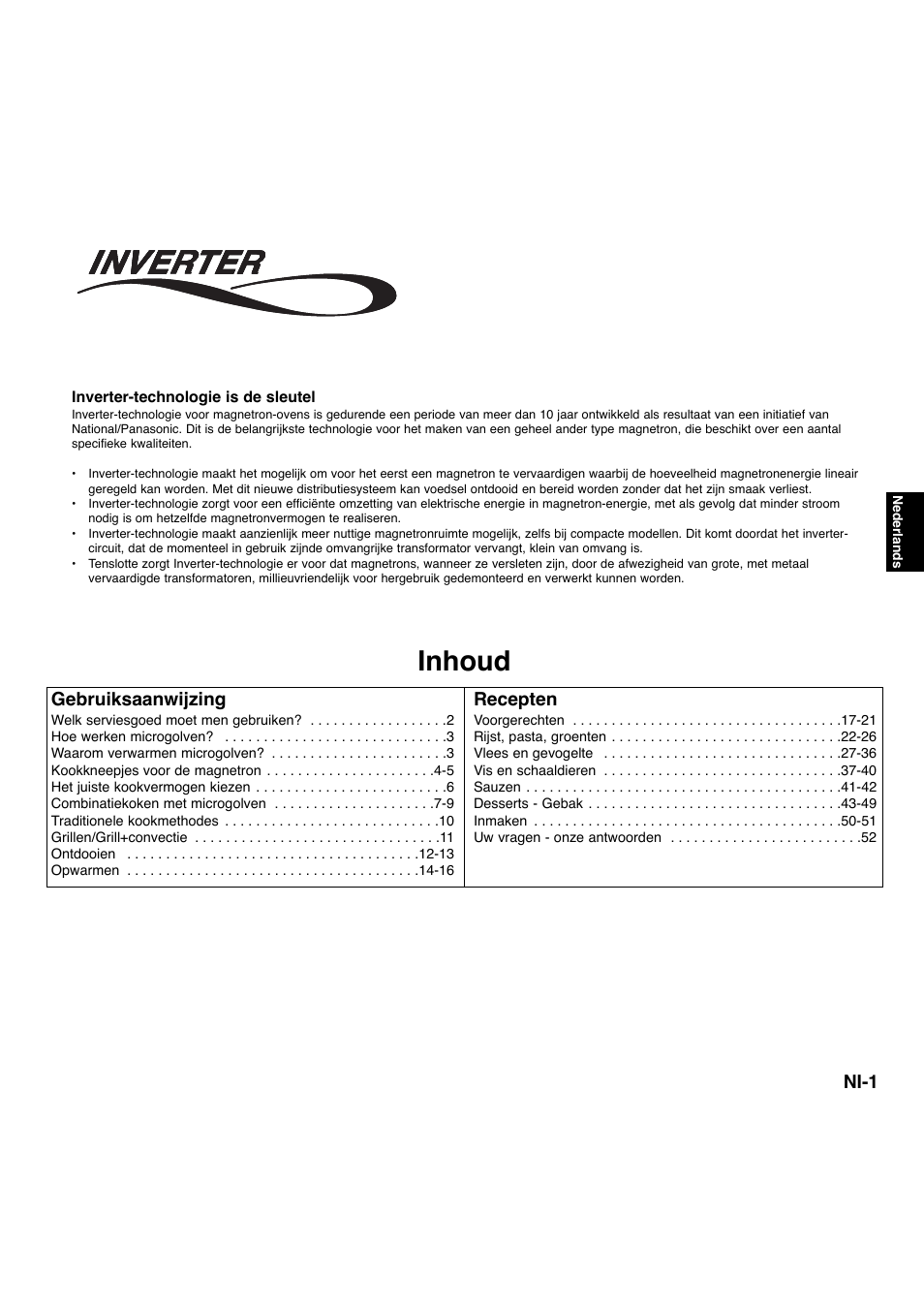 Inhoud, Ni-1, Gebruiksaanwijzing | Recepten | Panasonic NNA734MBEPG User Manual | Page 92 / 276