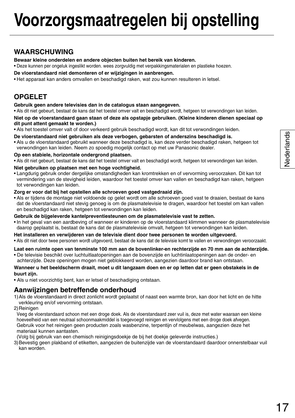 Voorzorgsmaatregelen bij opstelling | Panasonic TYST50PX500 User Manual | Page 17 / 52