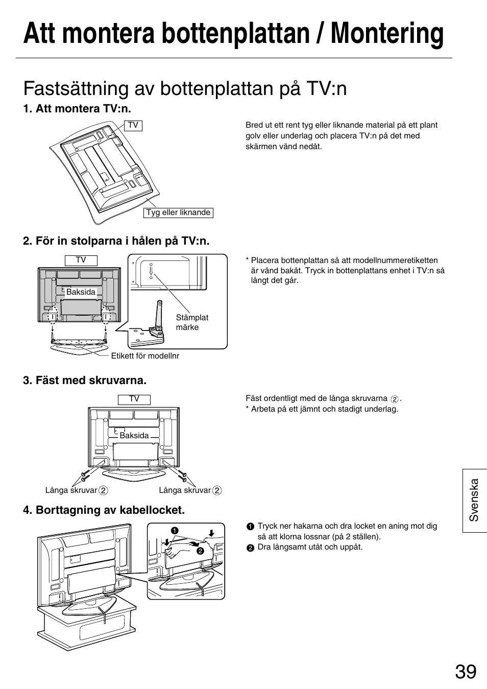 Att montera bottenplattan / montering, Fastsättning av bottenplattan på tv:n | Panasonic TYST50PX500 User Manual | Page 39 / 52