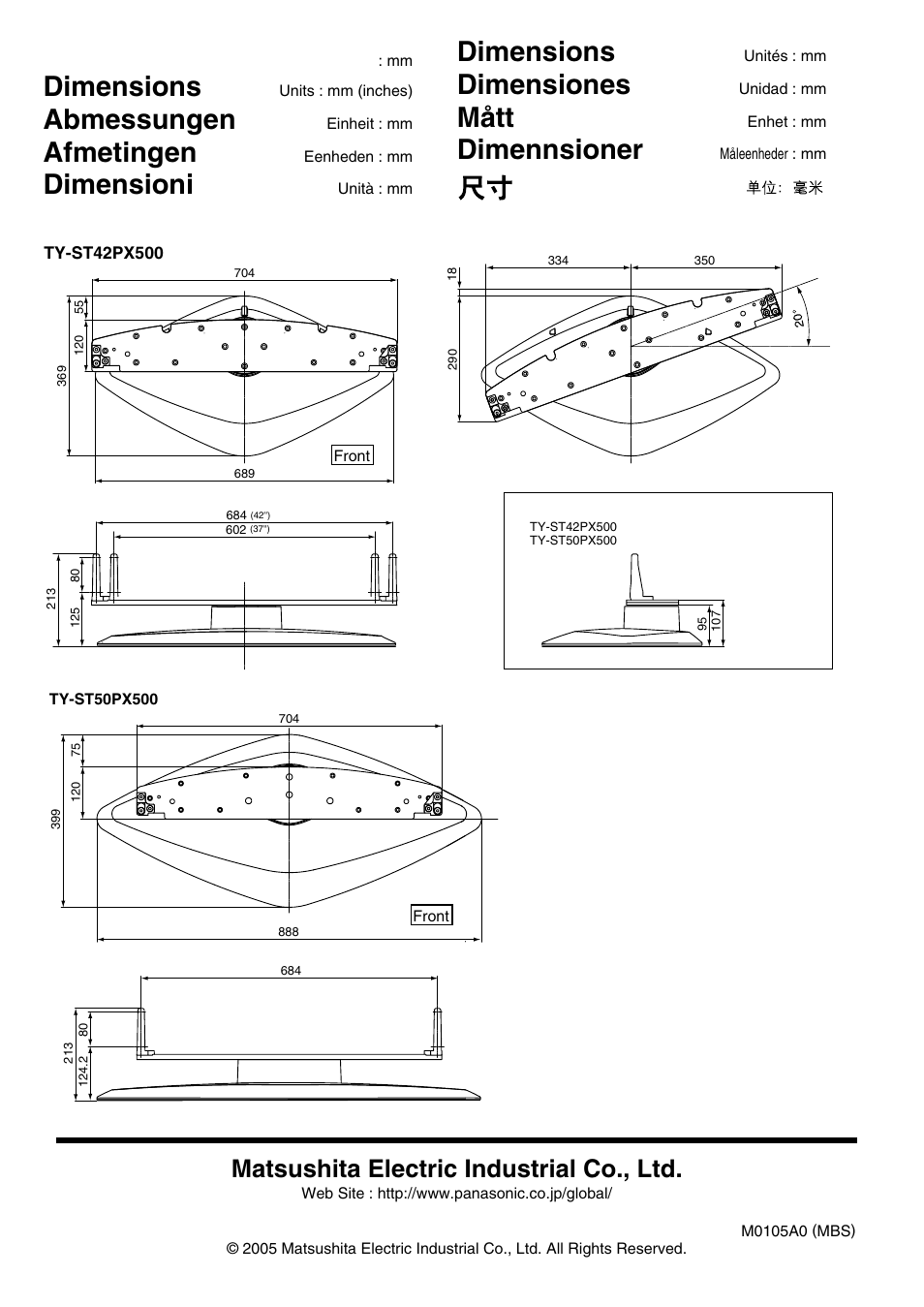 寸寸法 法図 図, Dimensions, Abmessungen | Afmetingen, Dimensioni, Dimensiones, Mått, Dimennsioner, Matsushita electric industrial co., ltd | Panasonic TYST50PX500 User Manual | Page 52 / 52