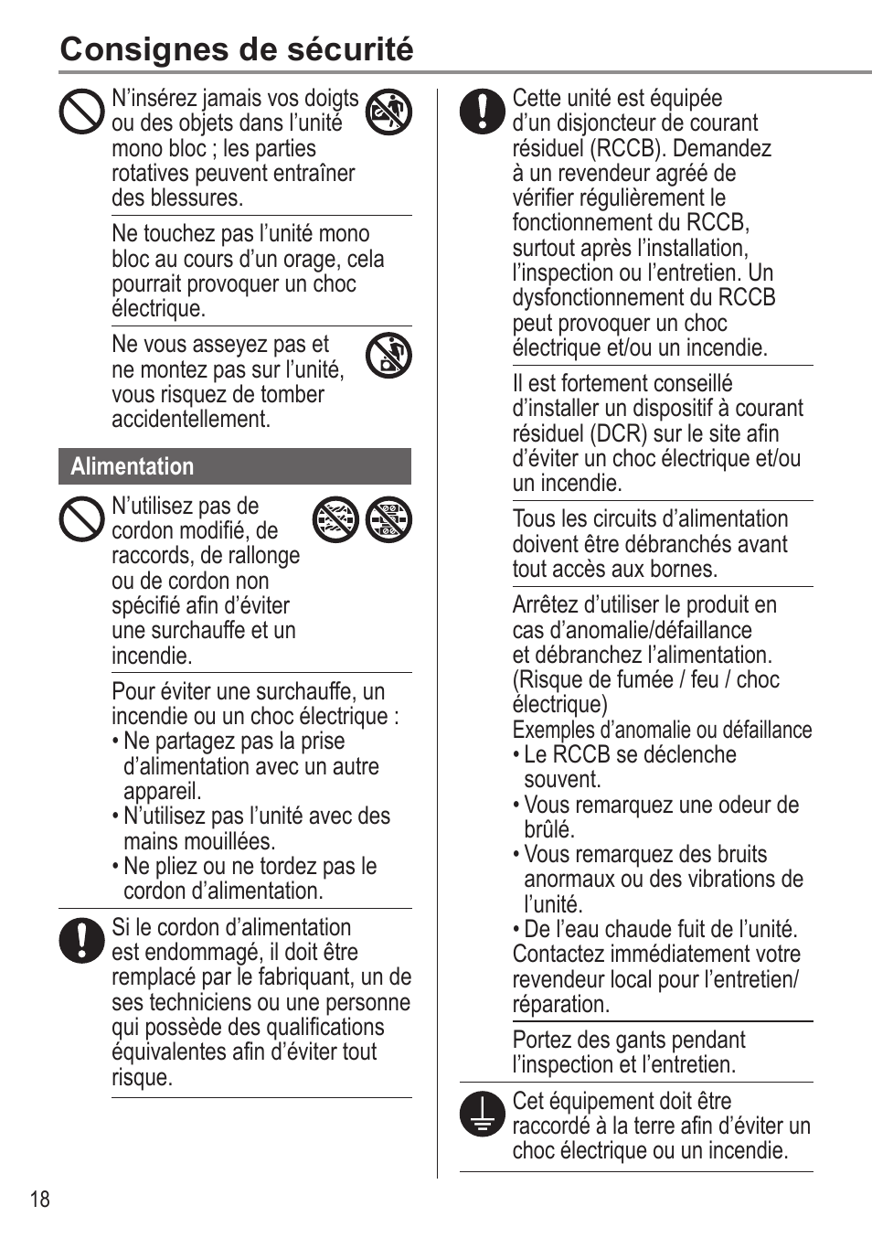 Consignes de sécurité | Panasonic WHMDC05F3E5 User Manual | Page 18 / 100