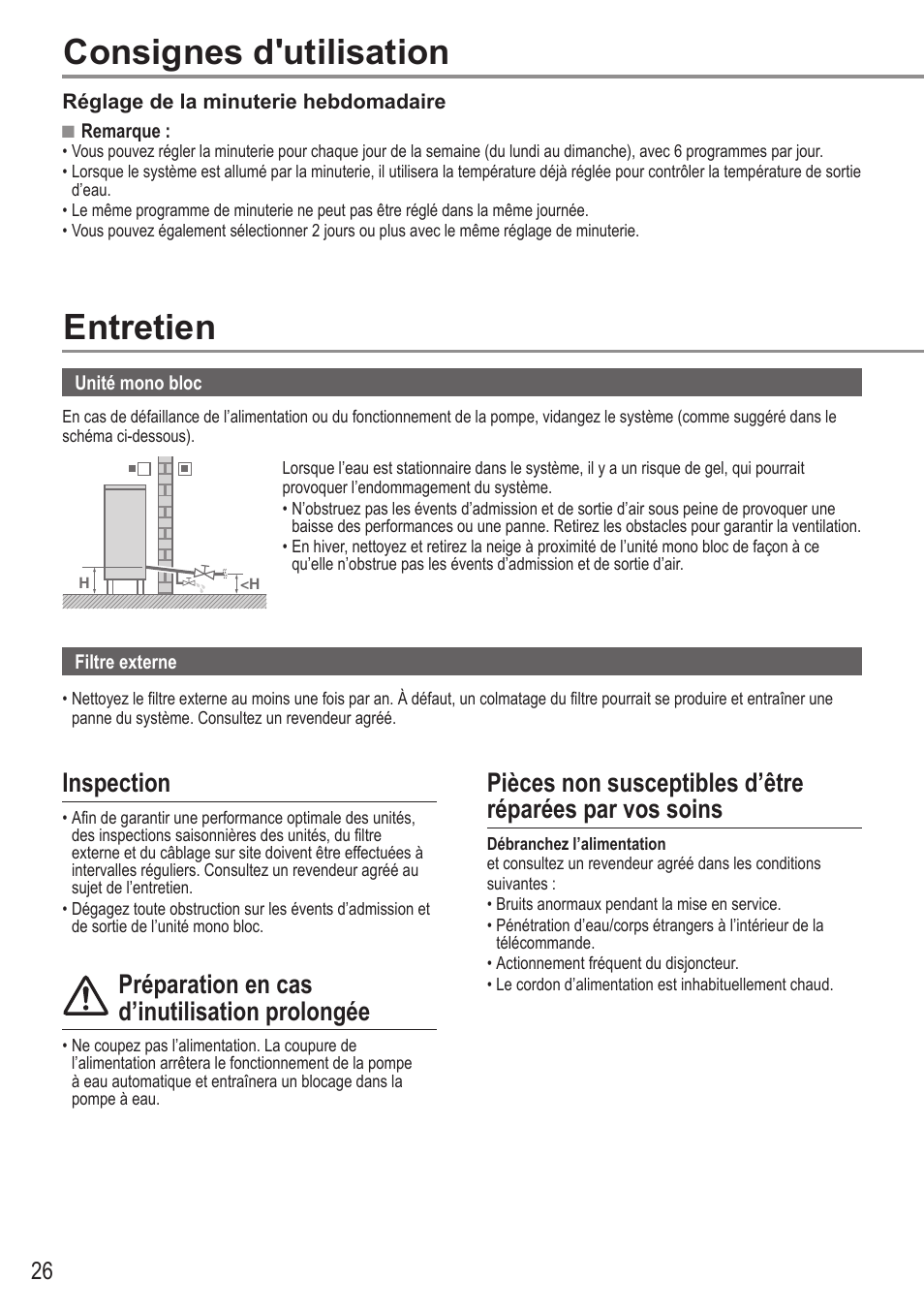 Consignes d'utilisation, Entretien, Inspection | Préparation en cas d’inutilisation prolongée | Panasonic WHMDC05F3E5 User Manual | Page 26 / 100