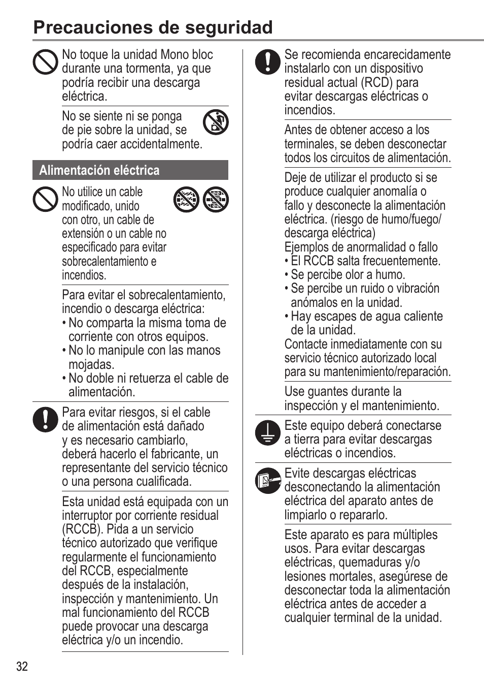 Precauciones de seguridad | Panasonic WHMDC05F3E5 User Manual | Page 32 / 100