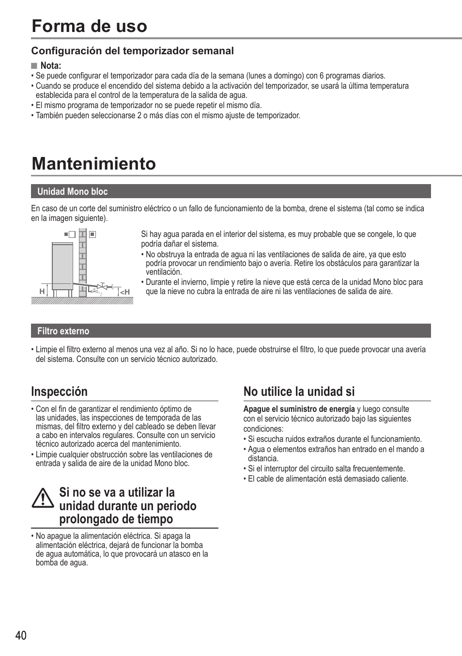 Forma de uso, Mantenimiento, Inspección | No utilice la unidad si | Panasonic WHMDC05F3E5 User Manual | Page 40 / 100