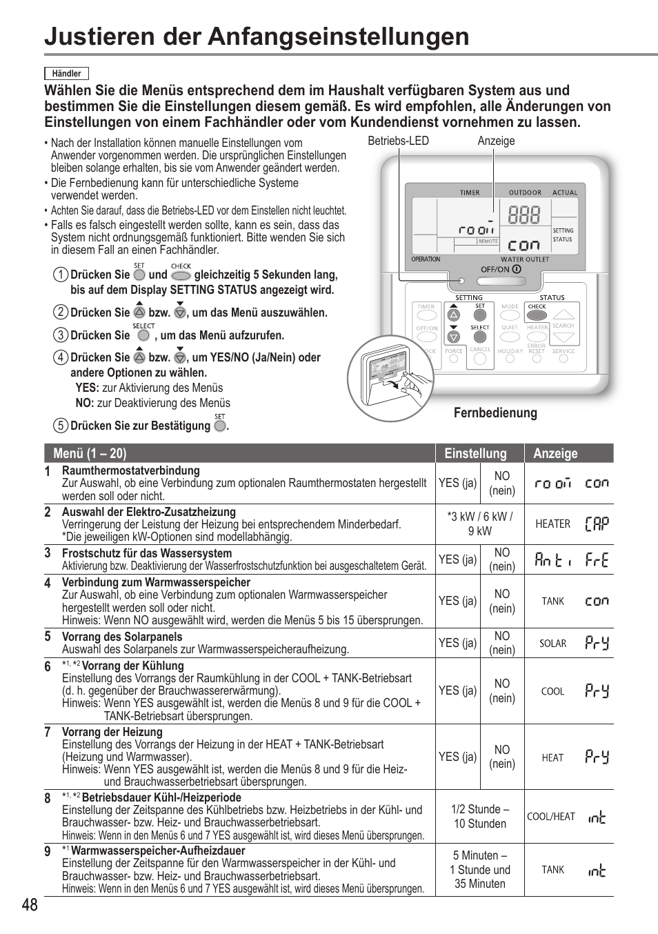 Justieren der anfangseinstellungen | Panasonic WHMDC05F3E5 User Manual | Page 48 / 100
