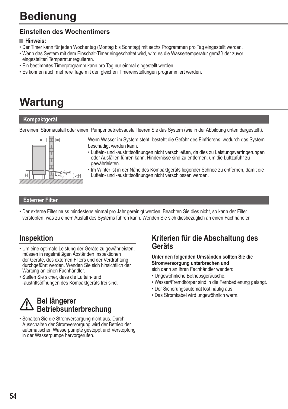 Bedienung, Wartung, Inspektion | Bei längerer betriebsunterbrechung, Kriterien für die abschaltung des geräts | Panasonic WHMDC05F3E5 User Manual | Page 54 / 100