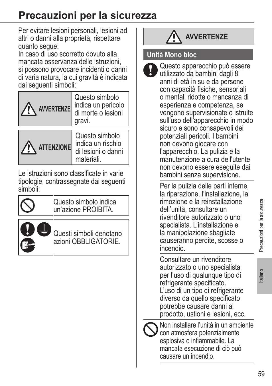 Precauzioni per la sicurezza | Panasonic WHMDC05F3E5 User Manual | Page 59 / 100