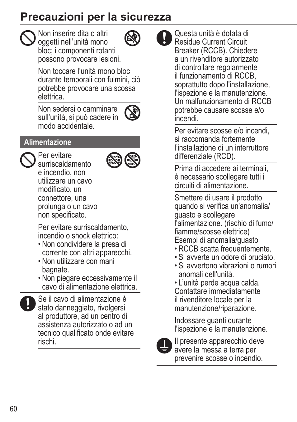 Precauzioni per la sicurezza | Panasonic WHMDC05F3E5 User Manual | Page 60 / 100