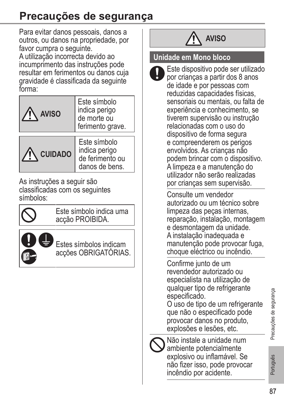 Precauções de segurança | Panasonic WHMDC05F3E5 User Manual | Page 87 / 100
