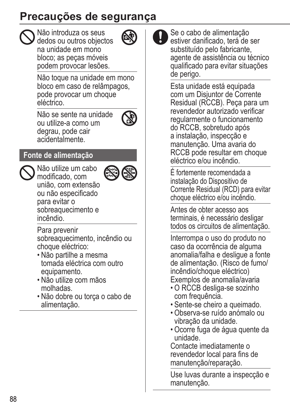 Precauções de segurança | Panasonic WHMDC05F3E5 User Manual | Page 88 / 100