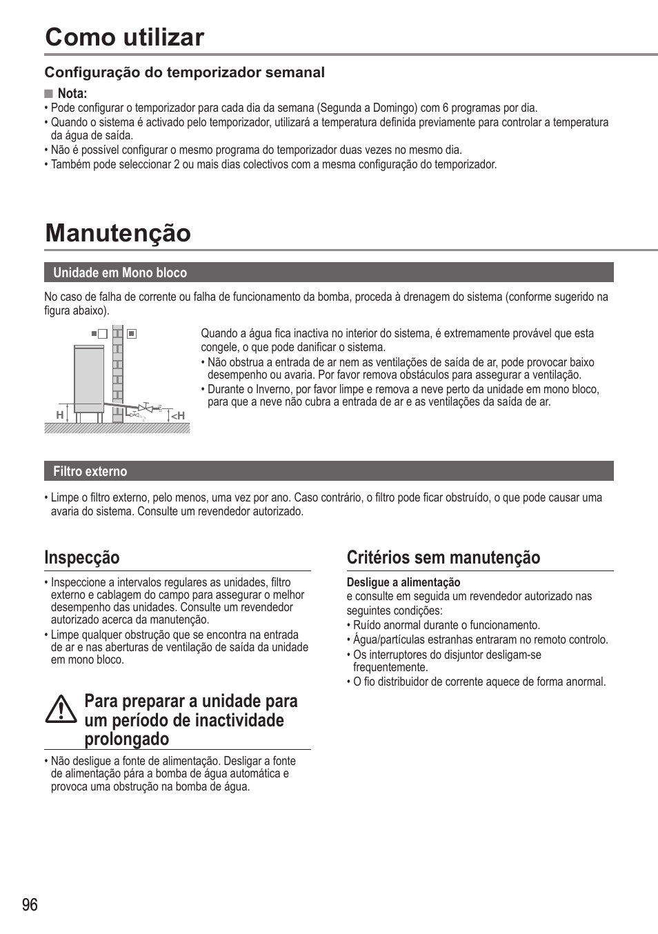 Como utilizar, Manutenção, Inspecção | Critérios sem manutenção | Panasonic WHMDC05F3E5 User Manual | Page 96 / 100