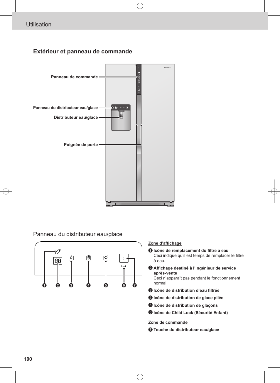 Utilisation panneau du distributeur eau/glace, Extérieur et panneau de commande | Panasonic NRB54X1 User Manual | Page 100 / 316