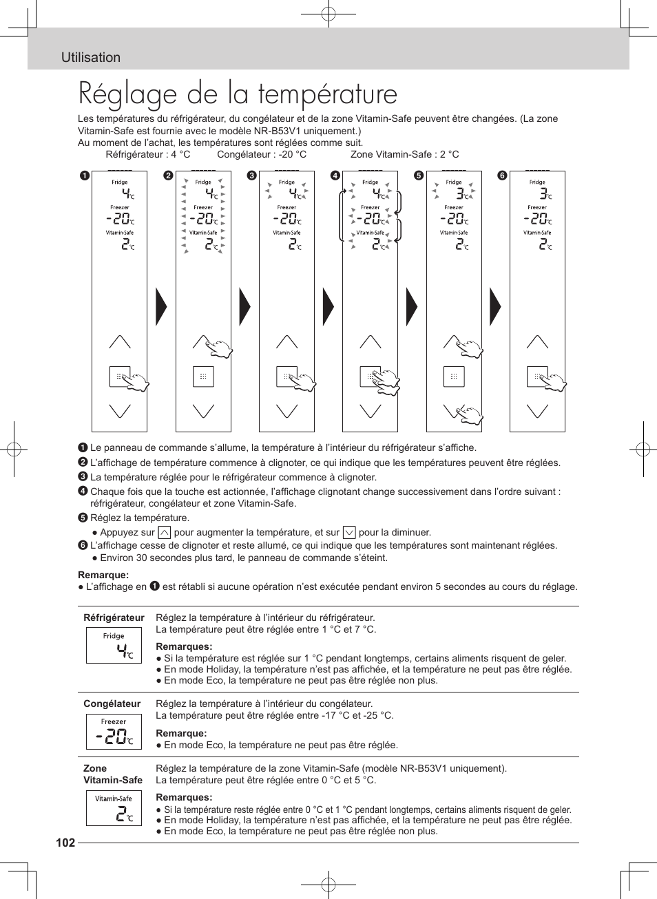 Réglage de la température, Utilisation | Panasonic NRB54X1 User Manual | Page 102 / 316