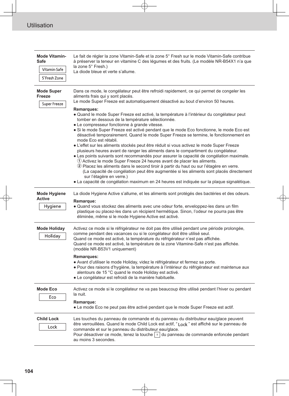 Utilisation | Panasonic NRB54X1 User Manual | Page 104 / 316