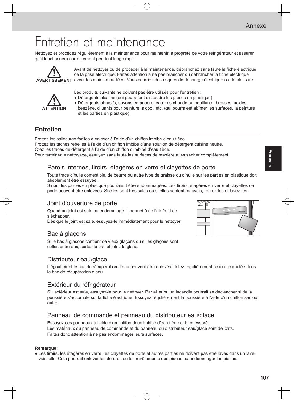 Entretien et maintenance, Annexe, Entretien | Joint d’ouverture de porte, Bac à glaçons, Distributeur eau/glace, Extérieur du réfrigérateur | Panasonic NRB54X1 User Manual | Page 107 / 316