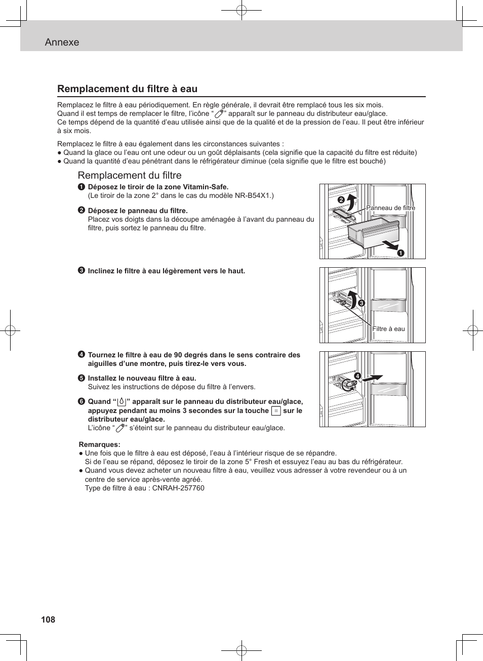 Annexe remplacement du filtre à eau, Remplacement du filtre | Panasonic NRB54X1 User Manual | Page 108 / 316