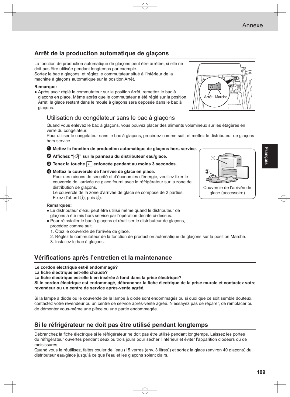 Annexe, Arrêt de la production automatique de glaçons, Utilisation du congélateur sans le bac à glaçons | Vérifications après l’entretien et la maintenance | Panasonic NRB54X1 User Manual | Page 109 / 316