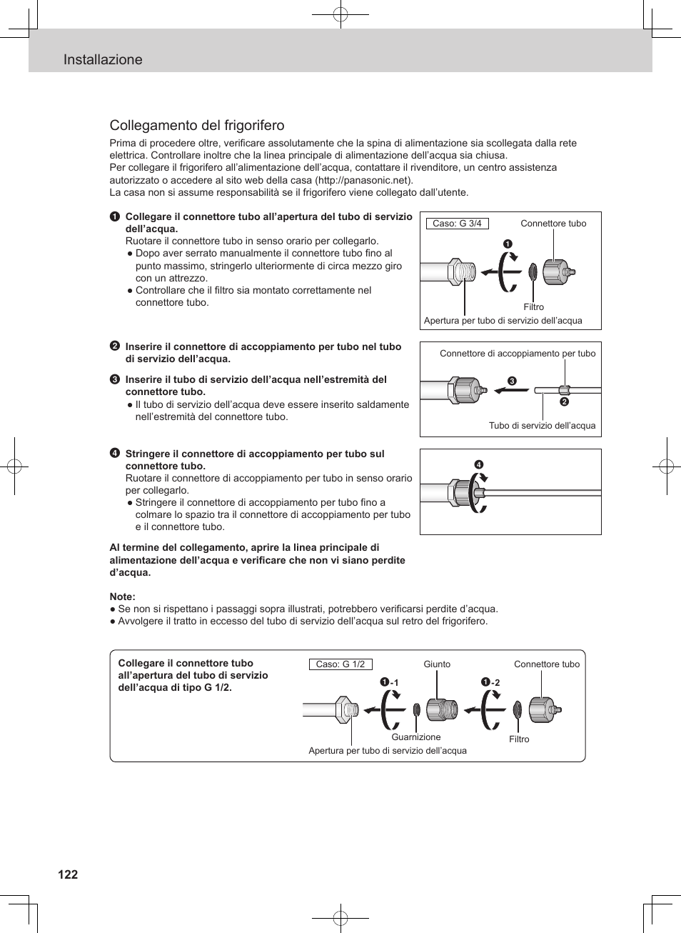 Installazione collegamento del frigorifero | Panasonic NRB54X1 User Manual | Page 122 / 316